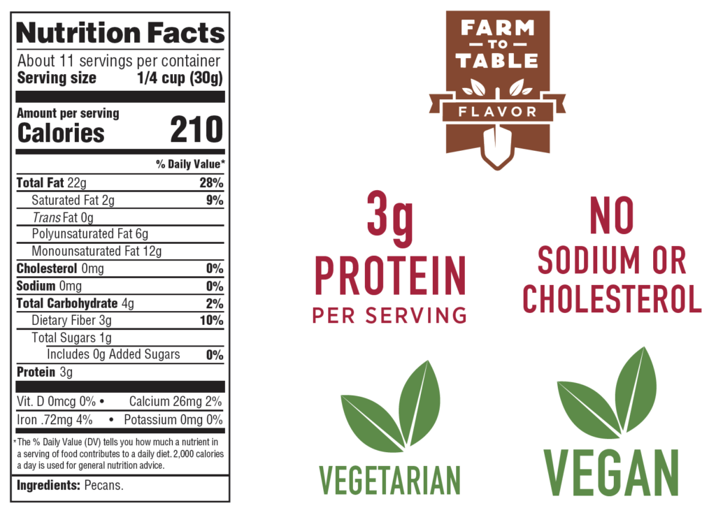 Nutrition facts label and highlights including farm-to-table flavor, 3 grams of protein per serving, no sodium or cholesterol, vegetarian, and vegan